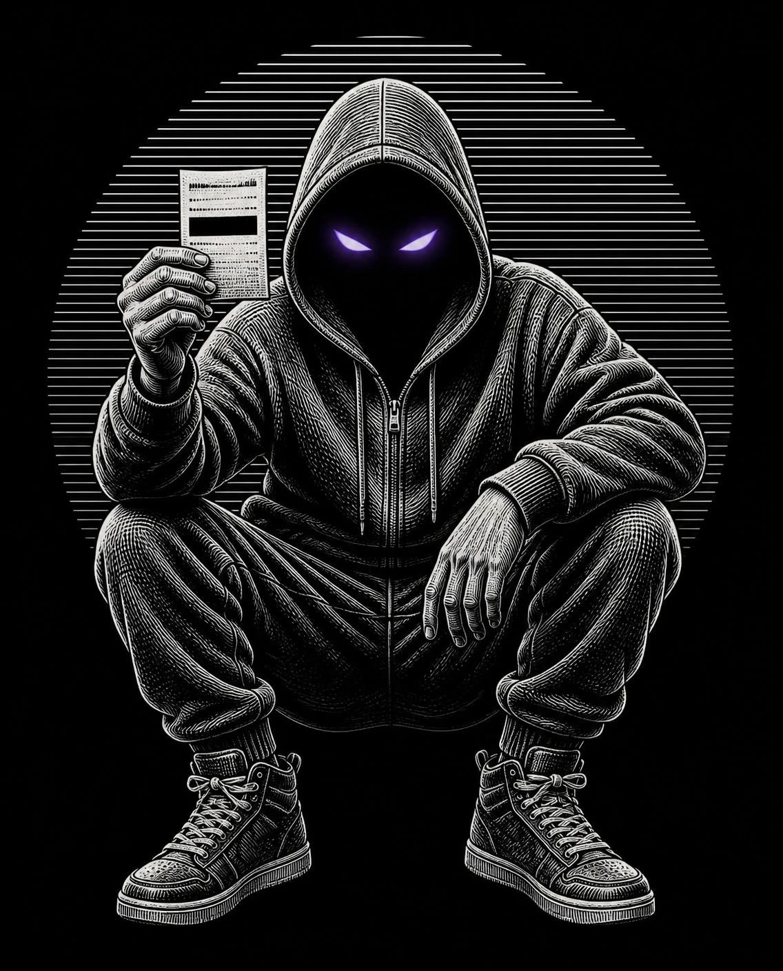 The Hooded Sharp, crouching, holding up a betting slip with the pick blacked out